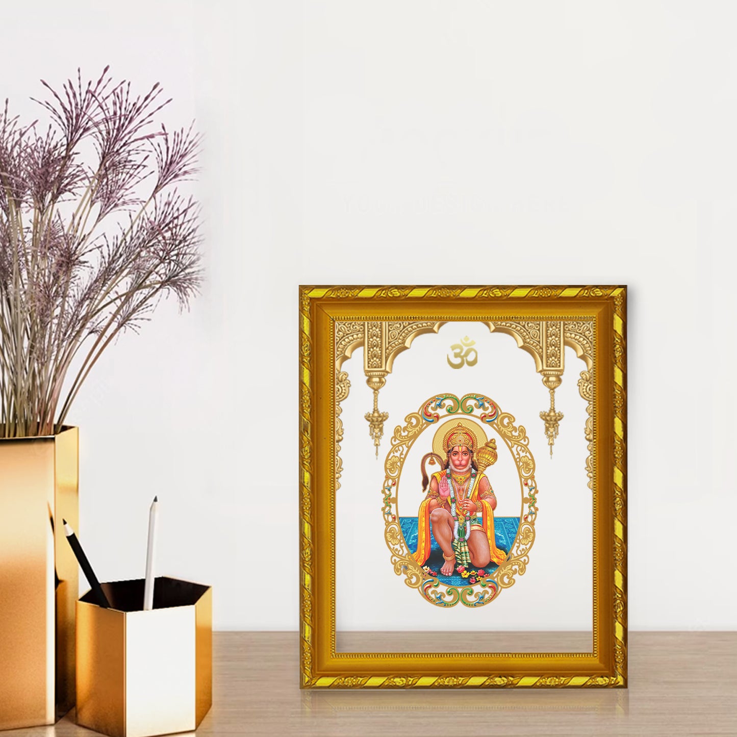 DIVINITI 24K Gold Plated Foil Lord Hanuman Luxurious Photo Frame Idol for Home Decor, Table Top, Wall Hanging, Workshop, Gift|DG103 Size 2 (22.6x18.4 CM)