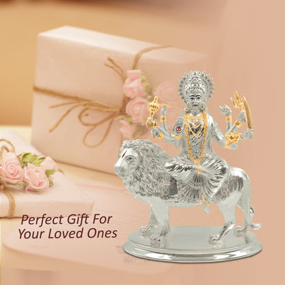 DIVINITI Elegant 999 Silver Plated Goddess Durga Idol Statue For Spiritual, Inspire Strength Idol For Home and Office Decor, Tabletop, Workshop, Mandir (25x21 CM)