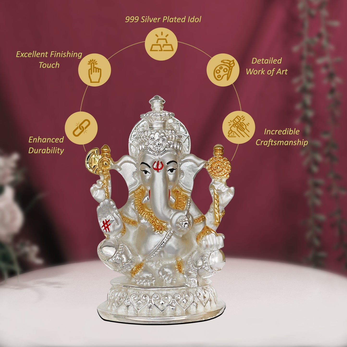 DIVINITI 999 Silver Plated Elephant Face Lord Ganesha Idol For Home Decor, Table Decor, Puja Room, Luxury Gift (10.5x5.5 CM)