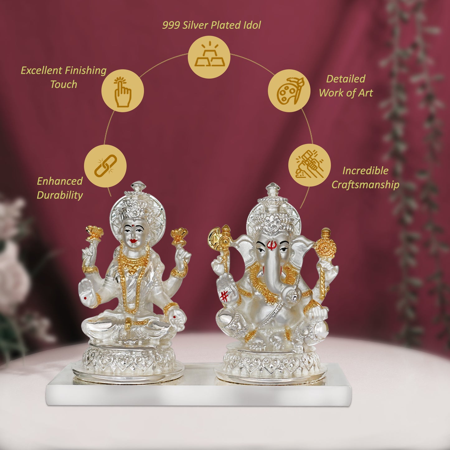 DIVINITI 999 Silver Plated Goddess Lakshmi and Lord Ganesha Statue Idol For Home Decor, Tabletop, Workshop, Puja Room, Luxury Gift (11.5x14 CM)