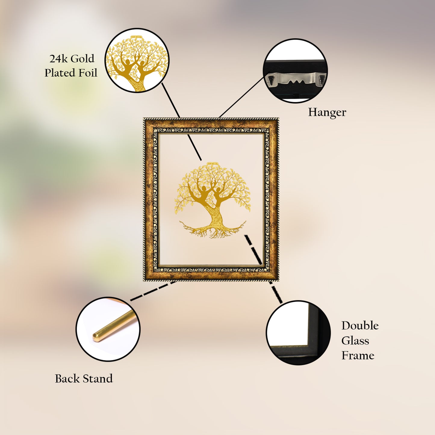 Diviniti 24K Gold Plated Tree of Life Photo Frame For Home Decor & Wall Hanging, Table Top, Puja Room & Gift DG113S3 (27.6X35.4 CM)