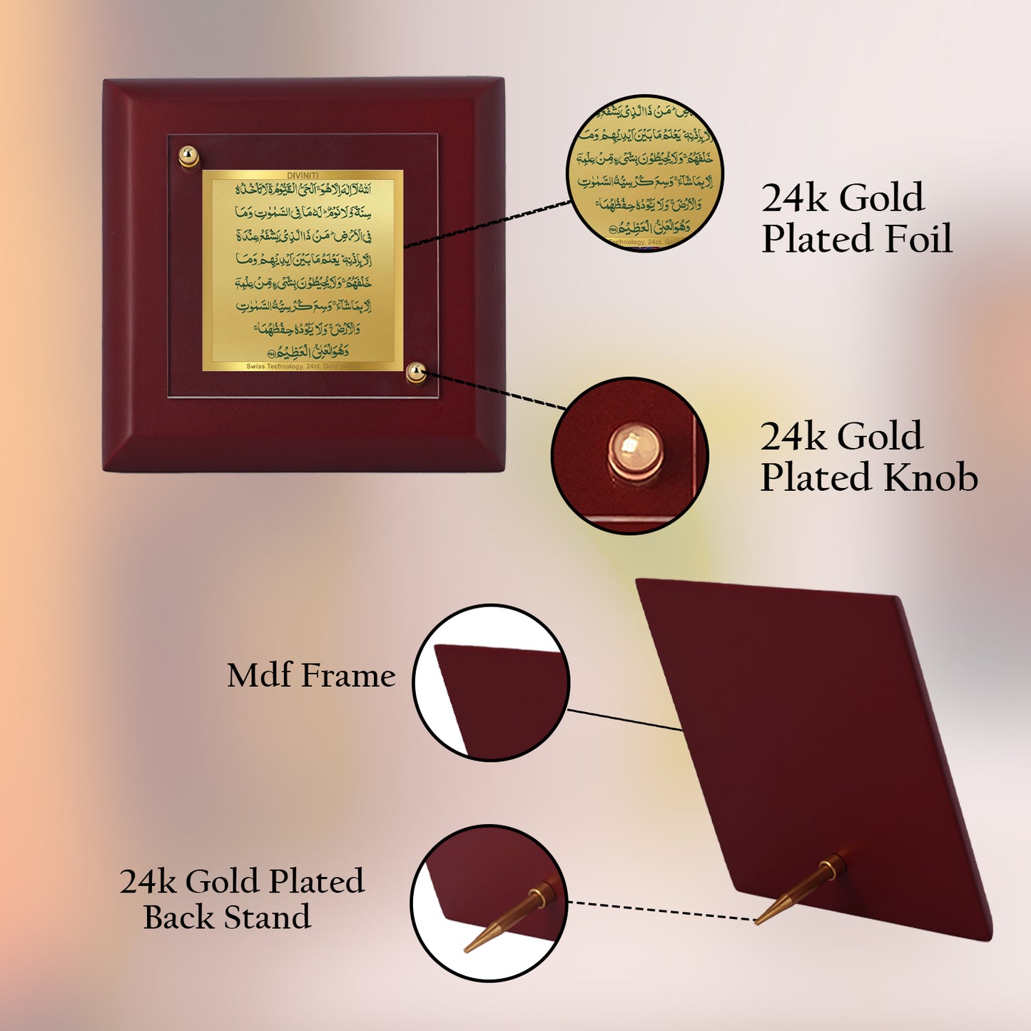 Diviniti 24K Gold Plated Ayatul Kursi Photo Frame Safety, Peace for Home & Office Decor, Table Top, Gift | MDF Size 1A (9.9x9.9 CM)