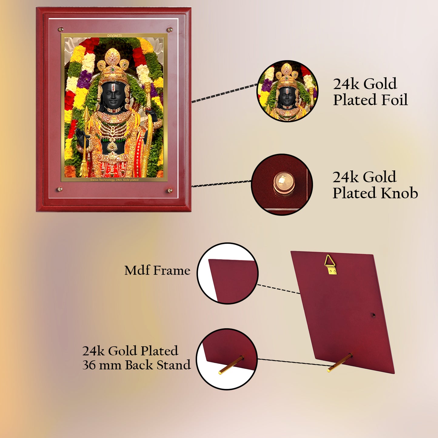 Diviniti 24K Gold Plated Foil Lord Ram Lalla Wooden Photo Frame for Home Decor, Puja Room, Wall Hanging, Tabletop, Workshop, Gift MDFS3 (30.2x22.7)