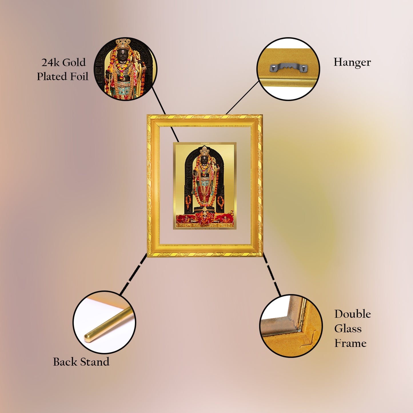 DIVINITI 24K Gold Plated Foil Lord Ram Lalla Wooden Photo Frame Idol for Puja Room, Home Wall Decor, Workshop, Table Top, Gift | DG103 Size 2 (22.6x18.4 CM)