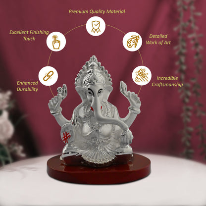 DIVINITI 999 Silver Plated Four Hand Lord Ganesha Statue Idol For Car Dashboard, Home & Office Decor, Puja Room, Luxury Gift (8x6.5 CM)