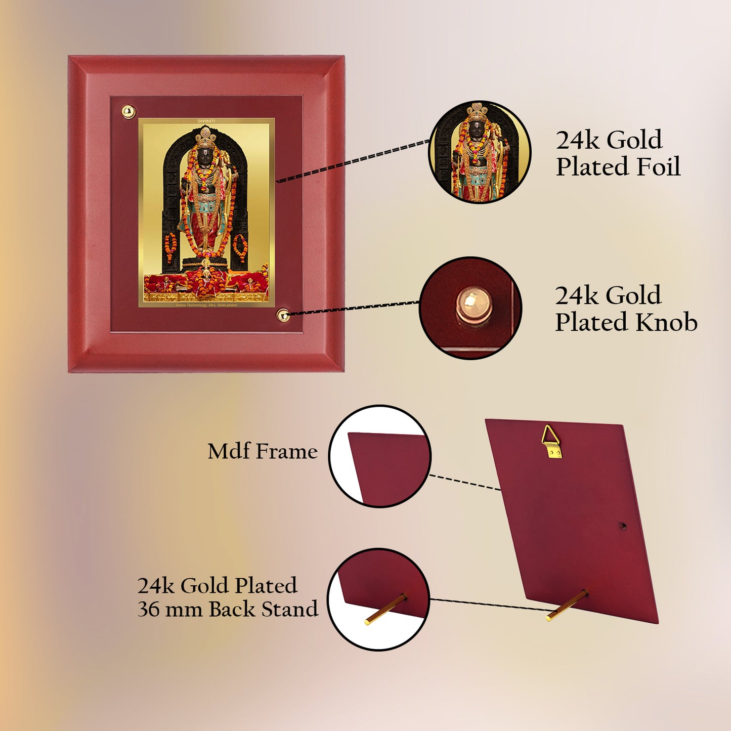 DIVINITI 24K Gold Plated Foil Ram Lalla Photo Frame For Home Decor, Wall Decor, Table Top, Puja Room & Gift MDF Size 2 (20x16 CM)