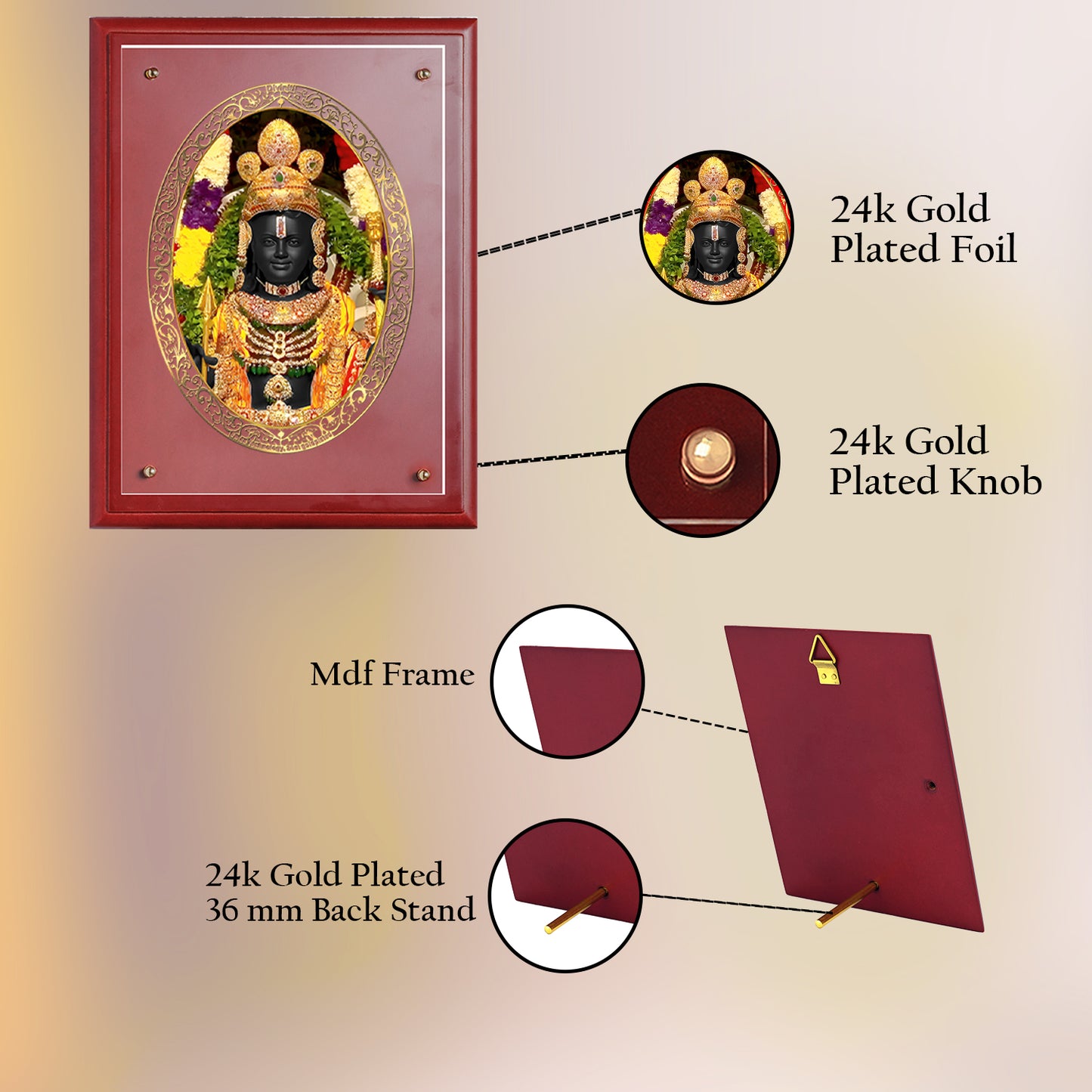 Diviniti 24K Gold Plated Foil Ram Lalla Photo Frame for Home Decor, Puja Room, Tabletop, Wall Hanging, Workshop, Gift MDFS3 (30.2x22.7)