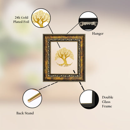 DIVINITI 24K Gold Plated Tree Of Life Wooden Traditional Photo Frame Idol for Home Decor, Table Top, Wall Hanging, Workshop, Premium Gift | DG113 Size 2 (22.6x18.4 CM)