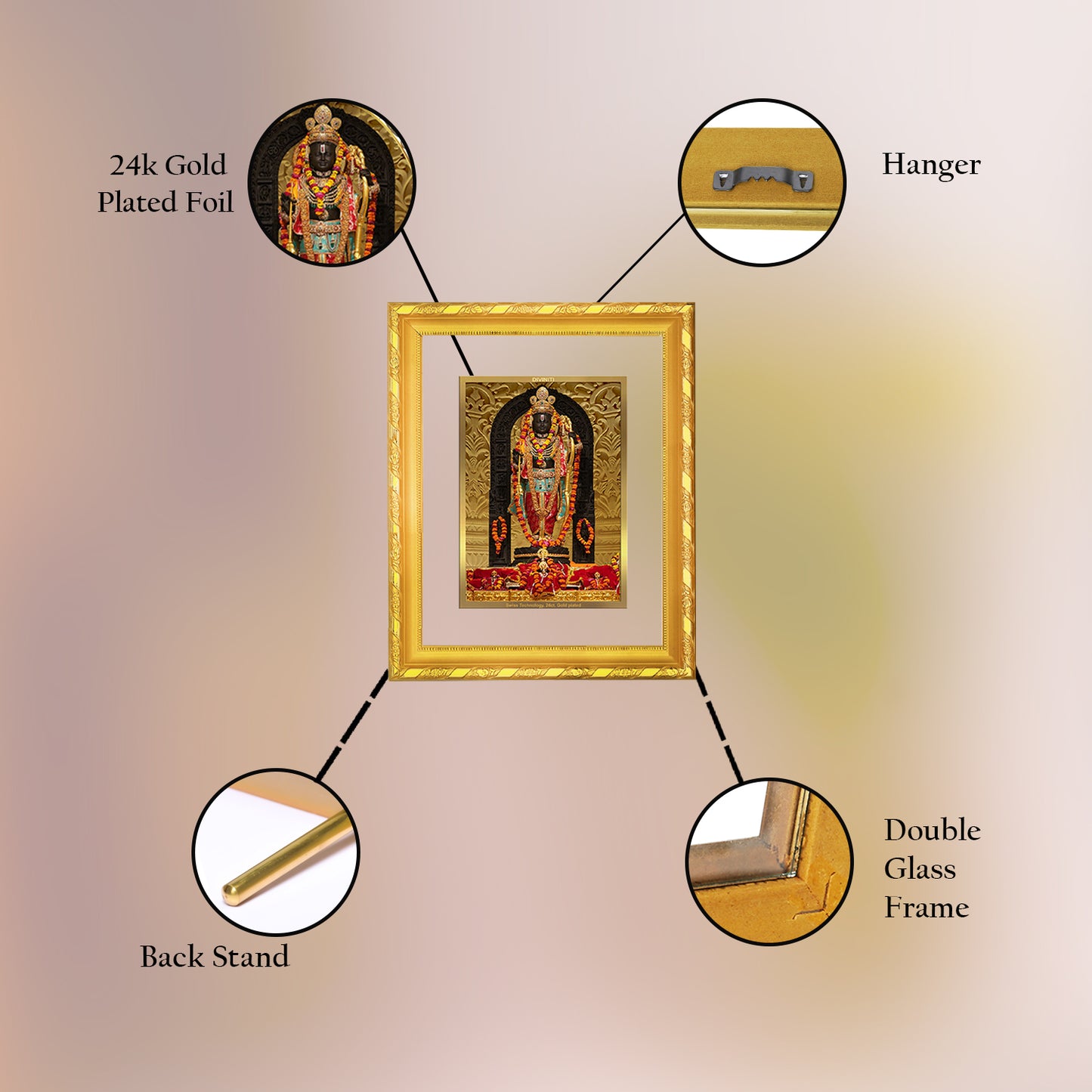 DIVINITI 24K Gold Plated Lord Ram Lalla Wooden Premium Photo Frame Idol for Wall Hanging, Workshop, Table Top, Home Decor, Luxury Gift | DG103 Size 2 (22.6x18.4 CM)