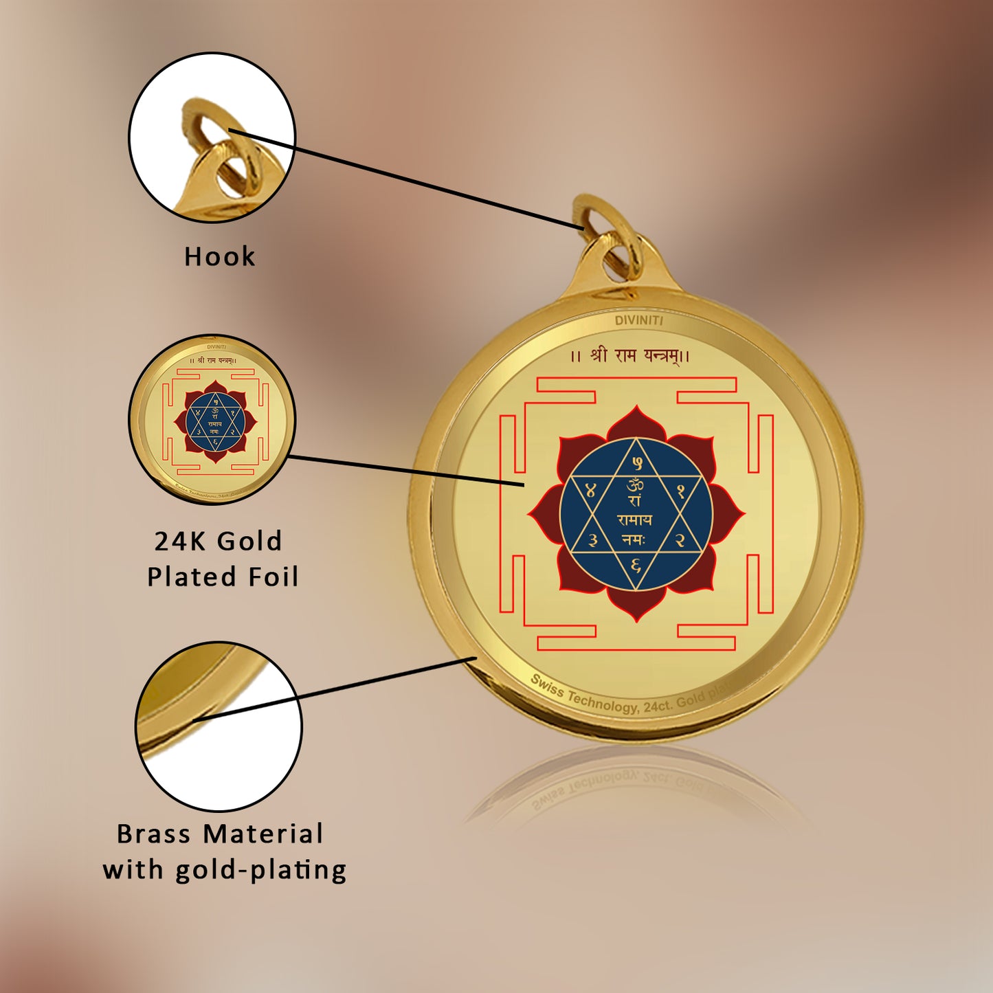 Diviniti 24K Gold Plated Lord RAM JI & YANTRA 22MM Double Sided Pendant For Men, Women & Kids