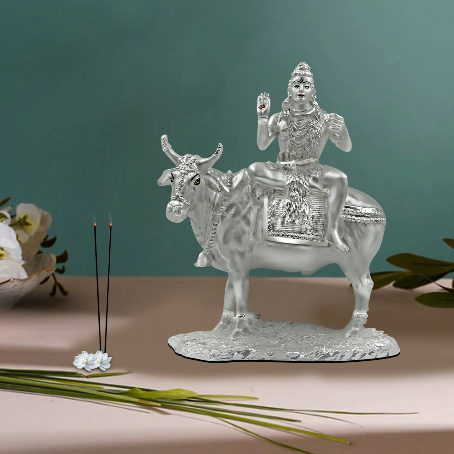 DIVINITI 999 Silver Plated Lord Shiva With Nandi Statue Idol For Home Decor, Office Desk, Workshop, Showpiece, Luxury Gift (22.5x19 CM)