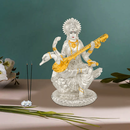 DIVINITI 999 Silver Plated Goddess Saraswati Mata Idol Statue For Home Decor, Office Table Top, Pooja Room & Gift (18X21CM)