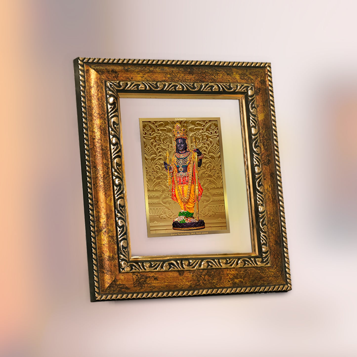 DIVINITI 24K Gold Plated Lord Ram Lalla Wooden Premium Photo Frame Idol for Wall Hanging, Workshop, Table Top, Home Decor, Luxury Gift | DG113 Size 2 (22.6x18.4 CM)