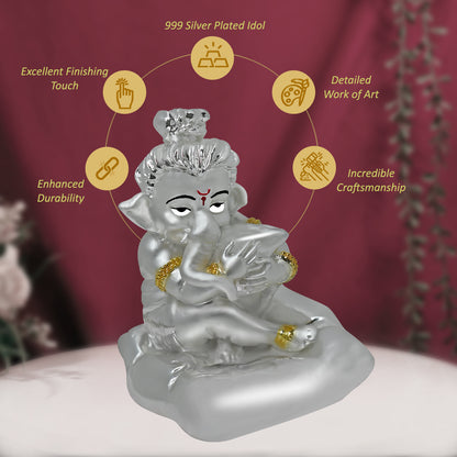 DIVINITI 999 Silver Plated Bal Ganesha Idol | Exquisite Divine Statue for Home Decor, Office Table Top, Car Dashboard, Pooja Room & Gift (8X7CM)