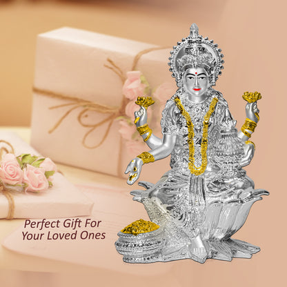 DIVINITI 999 Silver Plated Goddess Lakshmi Mata Idol Statue For Home Decor Showpiece, Table Top, Workshop, Office Desk (17x12 CM)