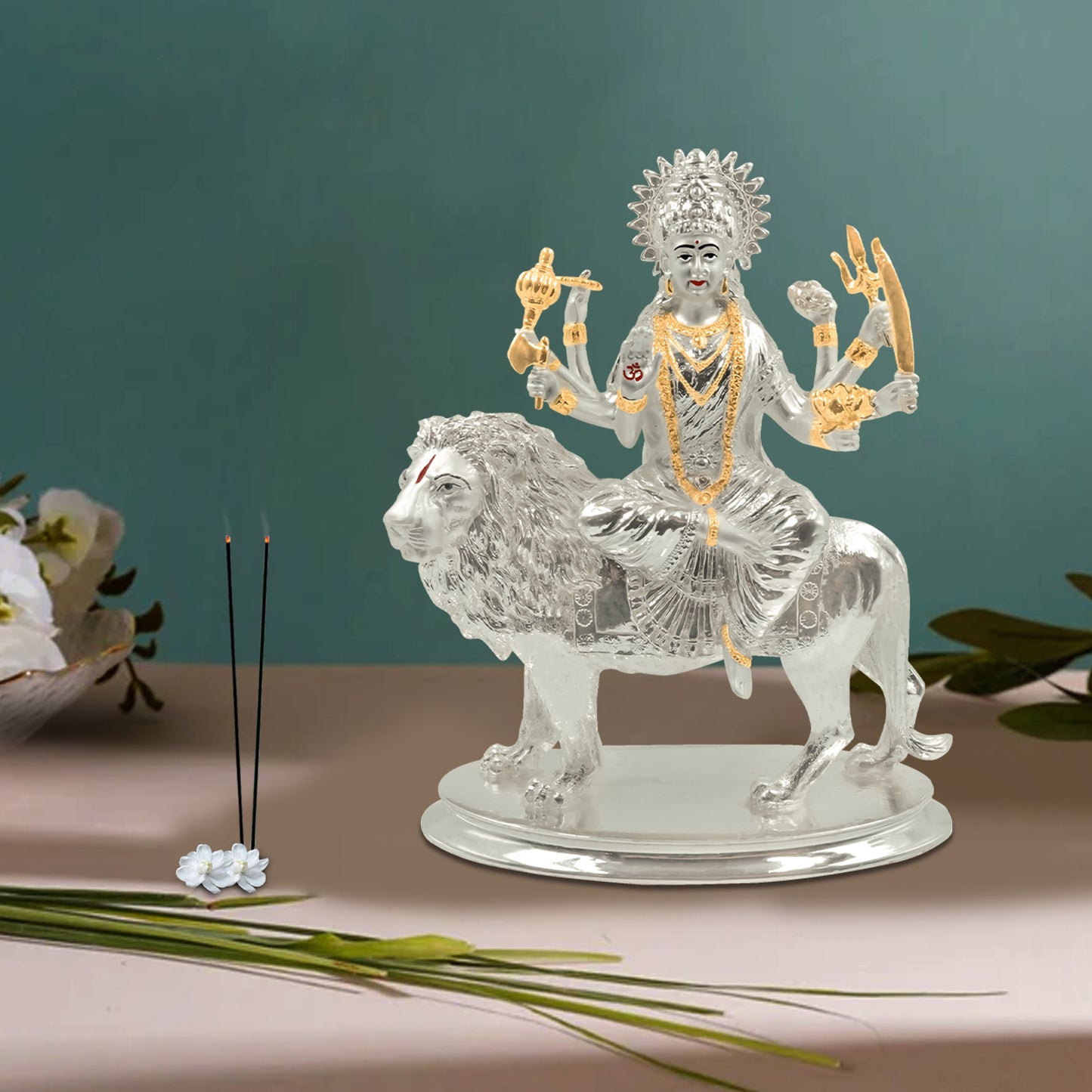 DIVINITI Elegant 999 Silver Plated Goddess Durga Idol Statue For Spiritual, Inspire Strength Idol For Home and Office Decor, Tabletop, Workshop, Mandir (25x21 CM)