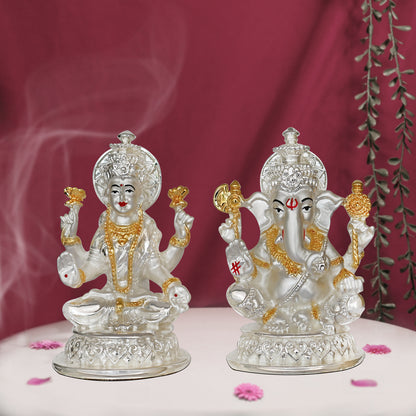 Diviniti 999 Silver Plated Lakshmi Ganesha Idol For Home Decor, Table Decor, Puja, Gift (10.5 x 5.5 CM)