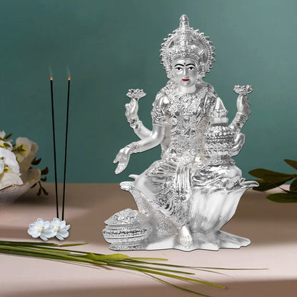 DIVINITI 999 Silver Plated Goddess Lakshmi Mata Idol Statue For Prosperity, Blessings And Spiritual Growth (17x12 CM)