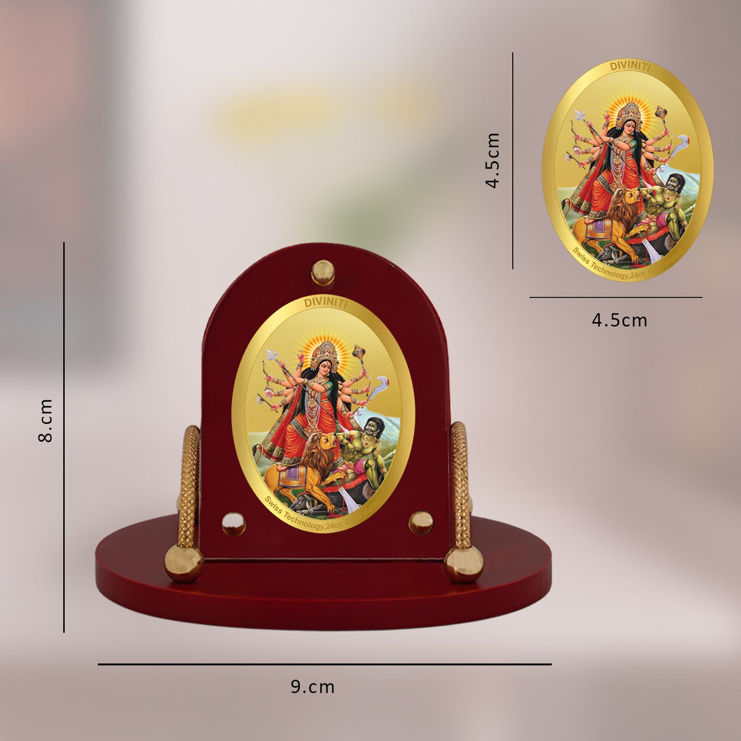 Diviniti 24K Gold Plated Durga Mata Frame for Car Dashboard, Home Decor, Table & Office (8 CM x 9 CM)