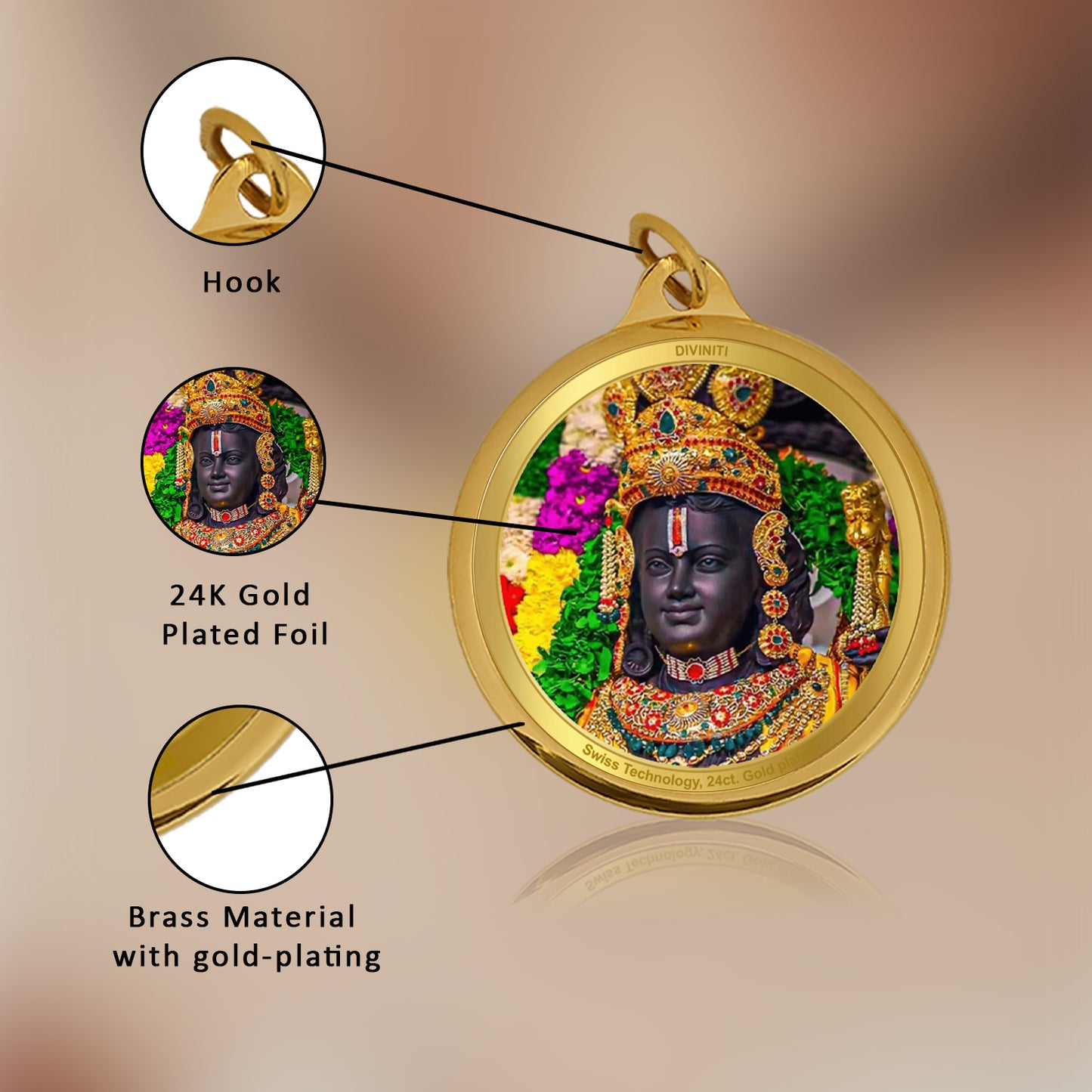 Diviniti 24K Gold Plated Lord Ram Lalla & Jai Shri Ram 22MM Double Sided Pendant For Men, Women & Kids