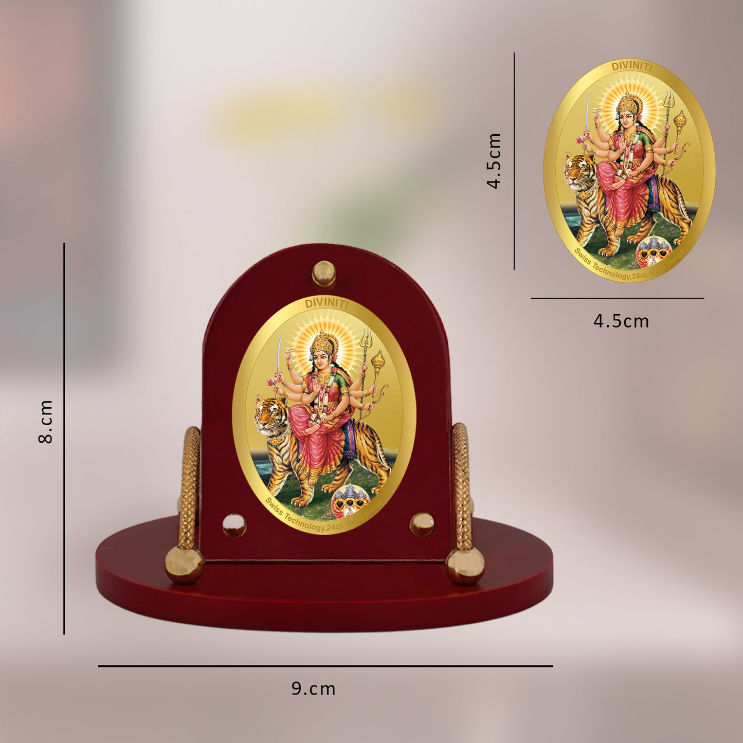 Diviniti 24K Gold Plated Durga Mata Frame for Car Dashboard, Home Decor, Table & Office (8 CM x 9 CM)