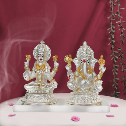 DIVINITI 999 Silver Plated Goddess Lakshmi and Lord Ganesha Statue Idol For Home Decor, Tabletop, Workshop, Puja Room, Luxury Gift (11.5x14 CM)