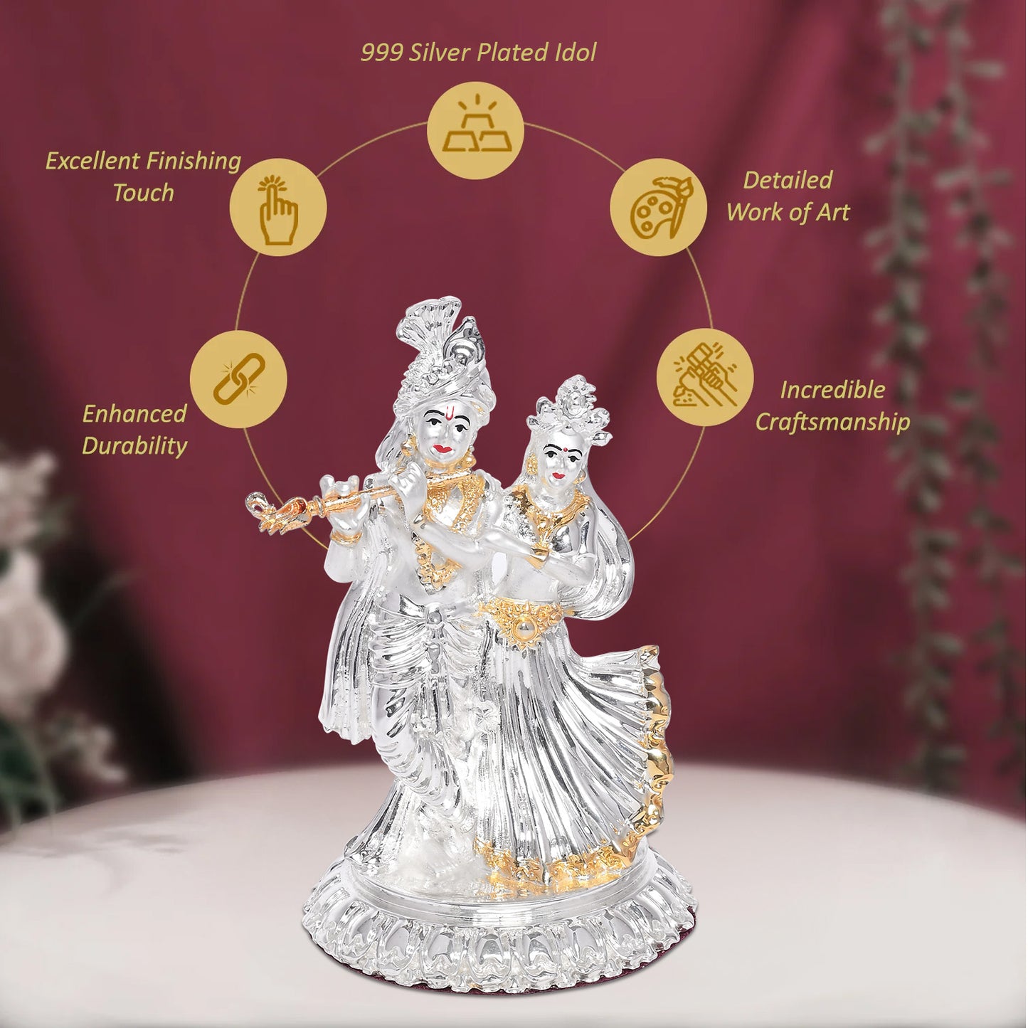 DIVINITI 999 Silver Plated Radha Krishna Beautiful Idol Exquisite Spiritual Symbol of Love Gift for Home & Office Décor (11.5x8 CM)