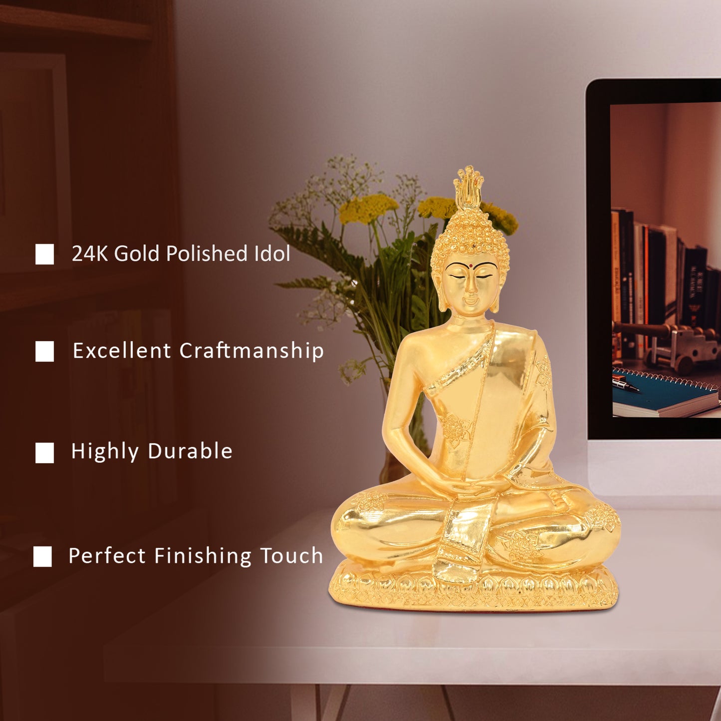 DIVINITI 24K Gold Plated Lord Buddha Idol Statue Elegant Spiritual Meditation Peace for Home & Office Décor Gift (20x14 CM)