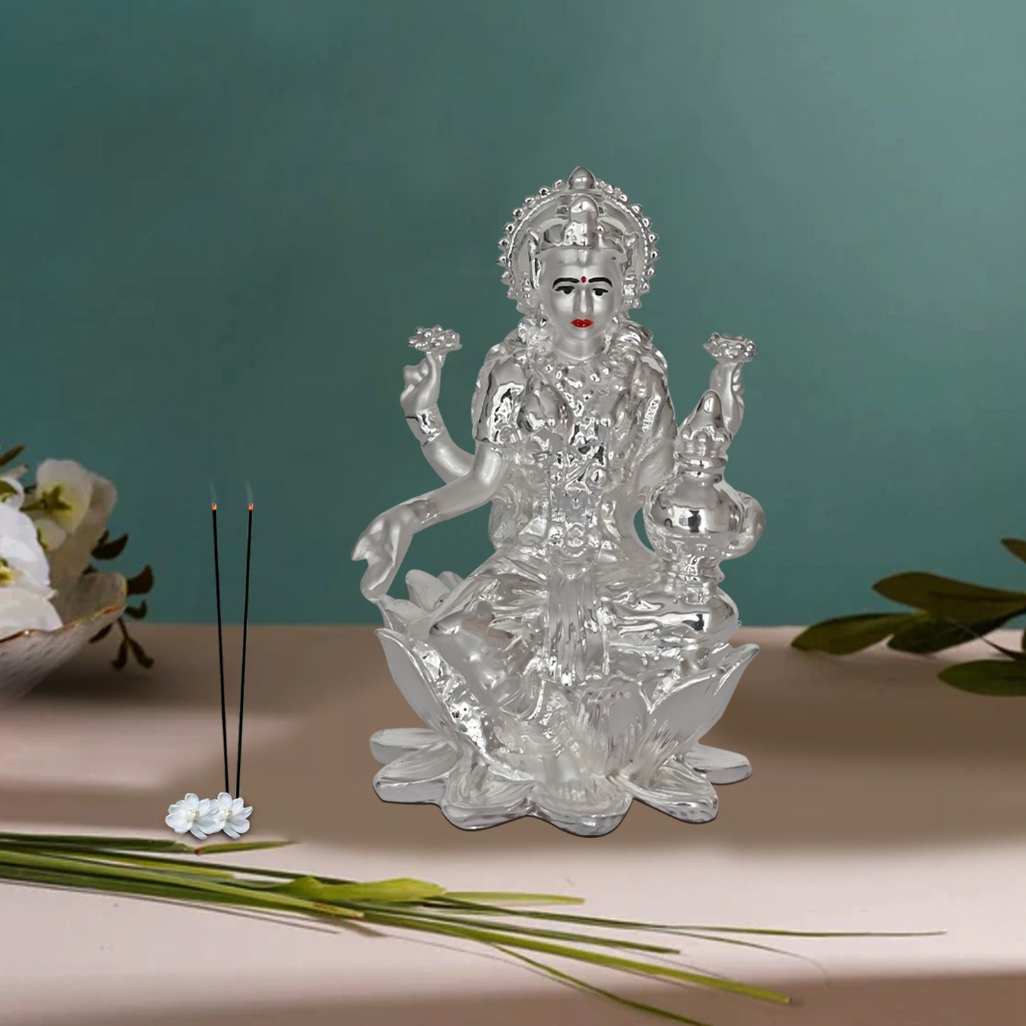 Diviniti 999 Silver Plated Lakshmi Mata Idol for Home Decor, Table Top, Puja Room, Gift (8X5.5CM)