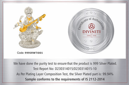 DIVINITI 999 Silver Plated Goddess Saraswati Mata Idol Statue For Home Decor, Office Table Top, Pooja Room & Gift (18X21CM)