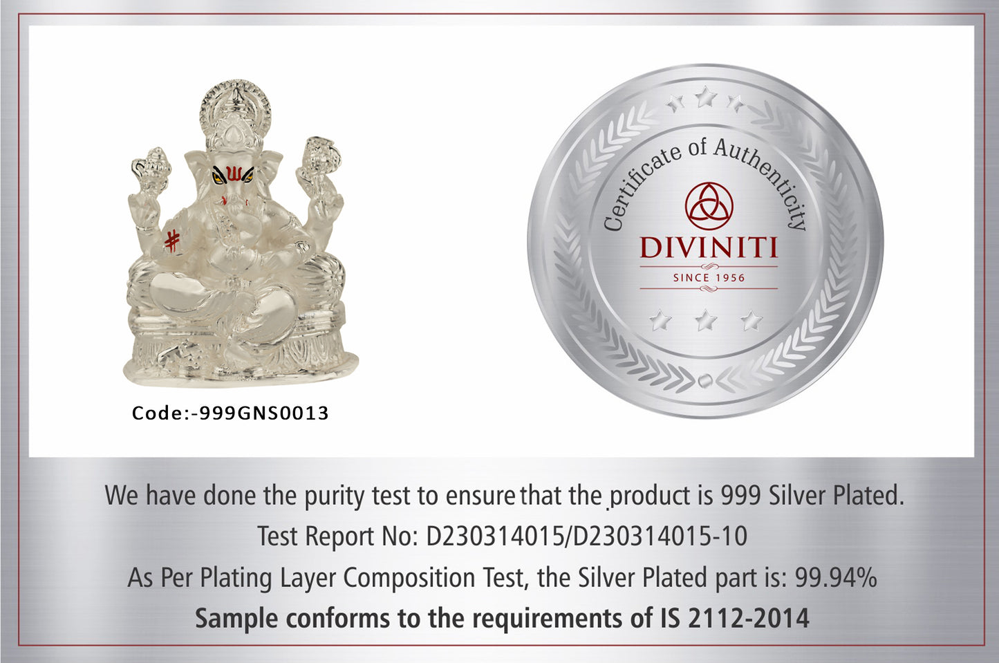 DIVINITI Exquisite 999 Silver Plated Lord Ganesha Statue For Devotional Worship, Blessings of Success and Happiness Idol For Showpiece (8x7 CM)