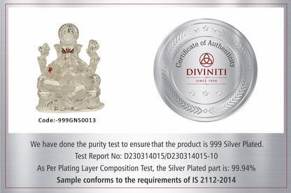 DIVINITI Exquisite 999 Silver Plated Lord Ganesha Statue For Devotional Worship, Blessings of Success and Happiness Idol For Showpiece (8x7 CM)