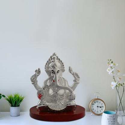 DIVINITI 999 Silver Plated Four Hand Lord Ganesha Statue Idol For Car Dashboard, Home & Office Decor, Puja Room, Luxury Gift (8x6.5 CM)