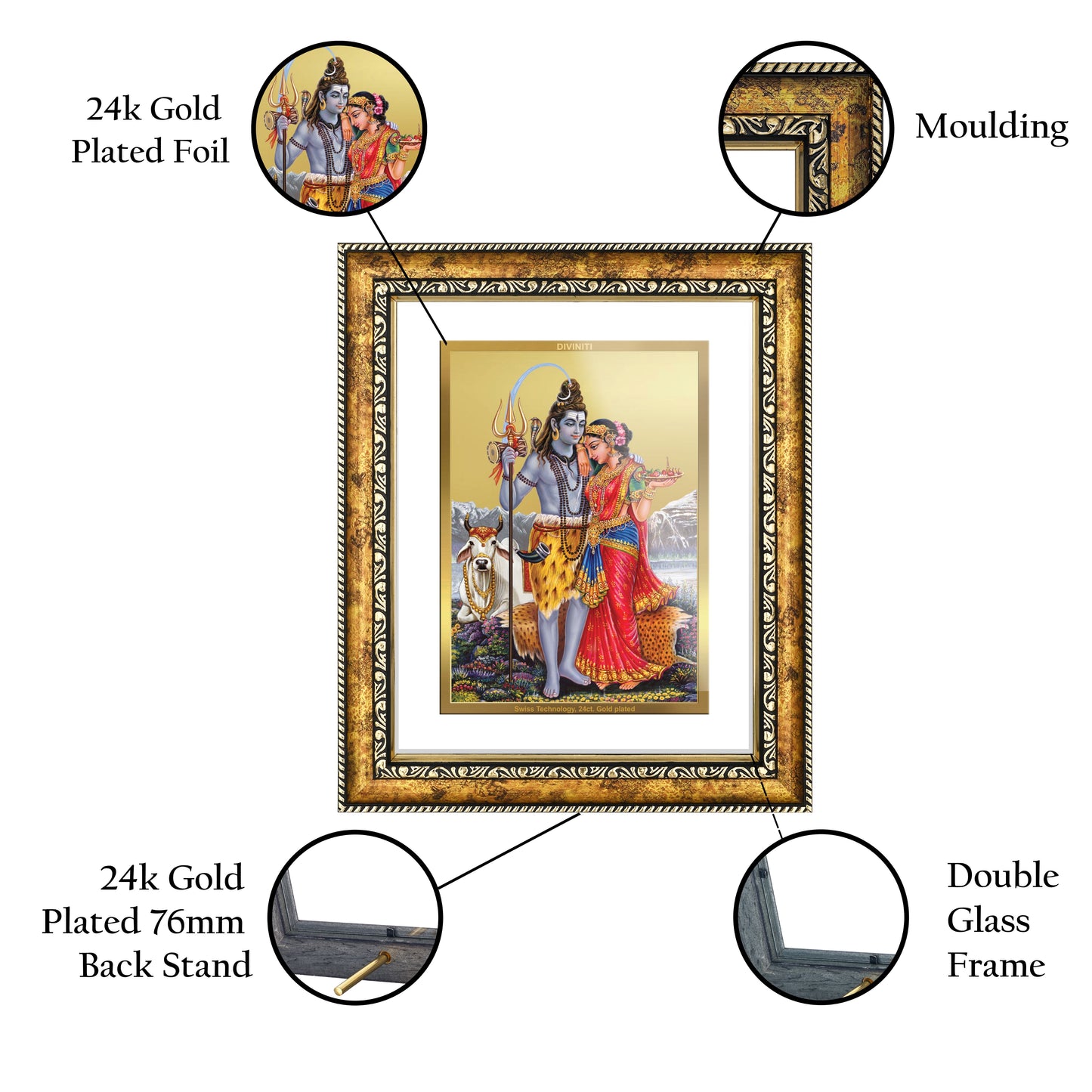 DIVINITI 24K Gold Plated Shiva with Parvati Wall Photo Frame for Home Decor, Wall Hanging, Table Top, Puja Room & Gift DG113S3 (27.6X35.4 CM)