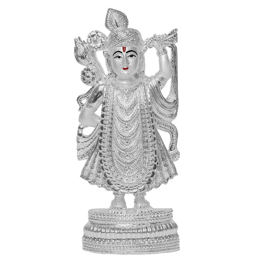 DIVINITI Elegant 999 Silver Plated Shrinath Ji Statue For Spiritual Energy, Divine Love and Grace, Idol For Home, Worshop, Office, Puja Room, Gift (25x11.5 CM)