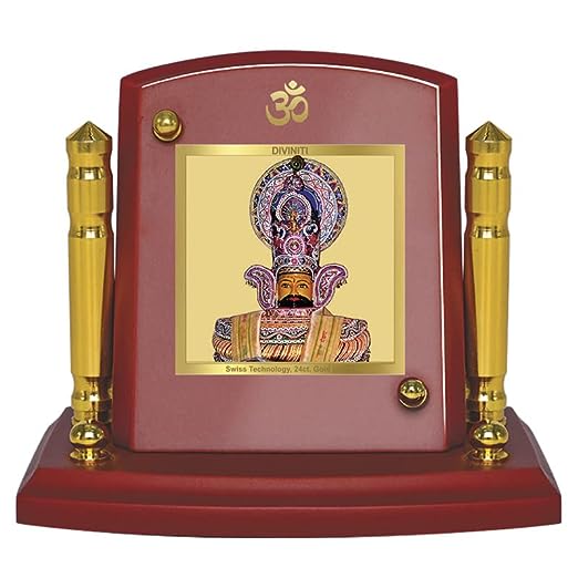 Diviniti 24K Gold Plated Khatu Shyam Photo Frame for Car Dashboard, Home Decor, Tabletop, Puja Room, Showpiece and Gift  MDF1BP+ (6.5x5.5 CM)