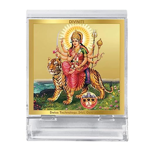 Diviniti 24K Gold Plated Durga Acrylic Frame for Car Dashboard, Home Decor, Tabletop, Puja Room, Festival Gift ACF3A (5.8x4.8 CM)