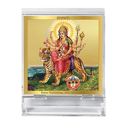 Diviniti 24K Gold Plated Durga Acrylic Frame for Car Dashboard, Home Decor, Tabletop, Puja Room, Festival Gift ACF3A (5.8x4.8 CM)