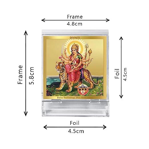 Diviniti 24K Gold Plated Durga Acrylic Frame for Car Dashboard, Home Decor, Tabletop, Puja Room, Festival Gift ACF3A (5.8x4.8 CM)