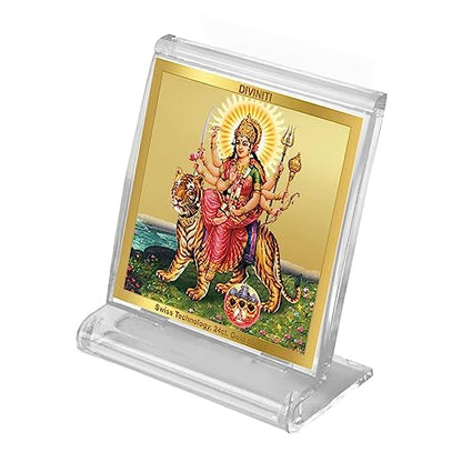 Diviniti 24K Gold Plated Durga Acrylic Frame for Car Dashboard, Home Decor, Tabletop, Puja Room, Festival Gift ACF3A (5.8x4.8 CM)