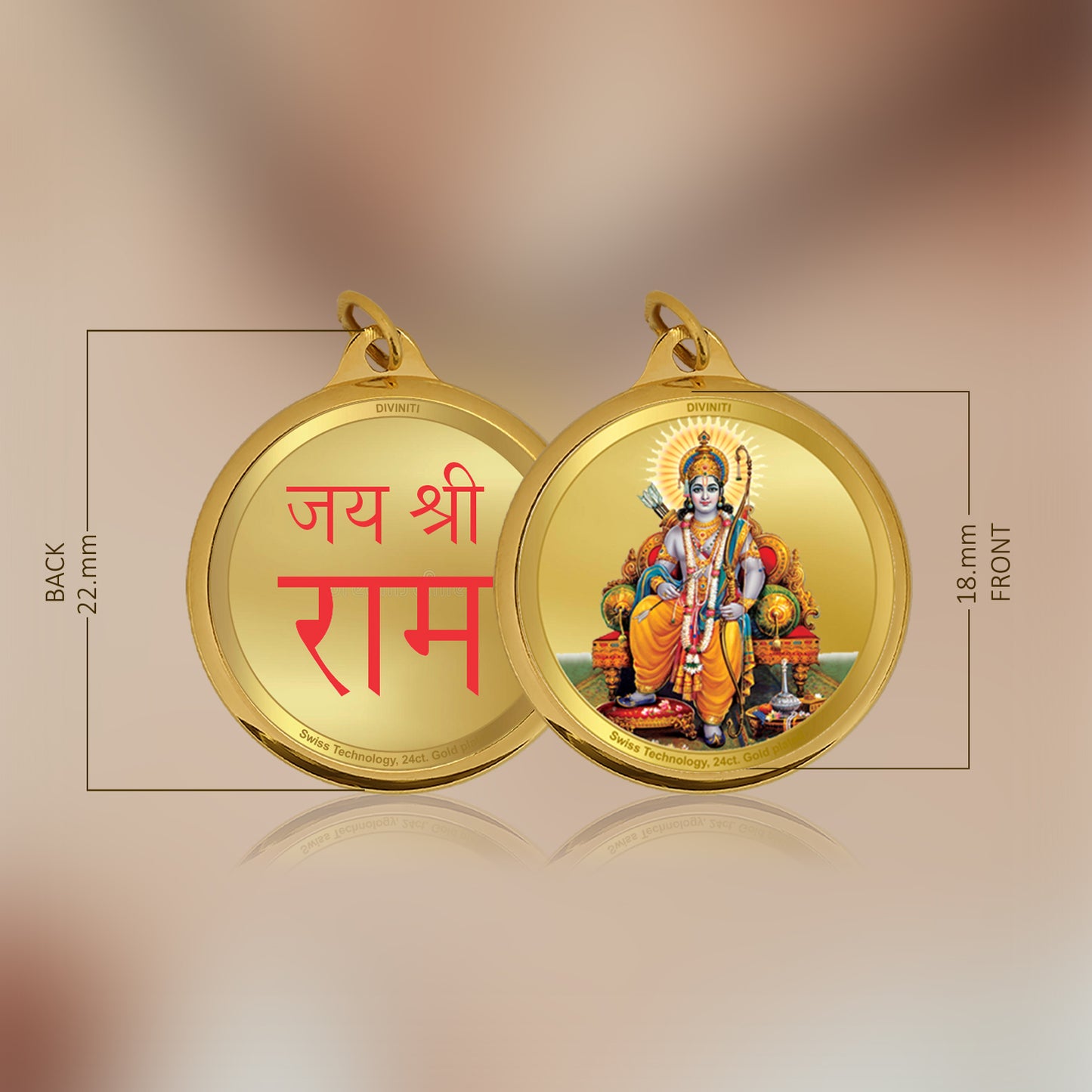 Diviniti 24K Gold Plated Lord RAM & JAI SHRI RAM 18MM Double Sided Pendant For Men, Women & Kids