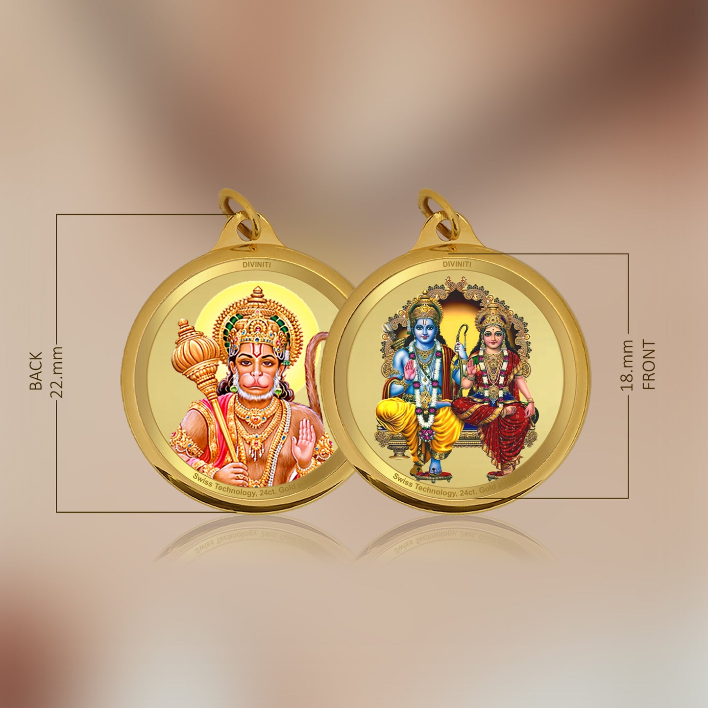 Diviniti 24K Gold Plated Ram Sita & Hanuman 18MM Double Sided Pendant For Men, Women & Kids