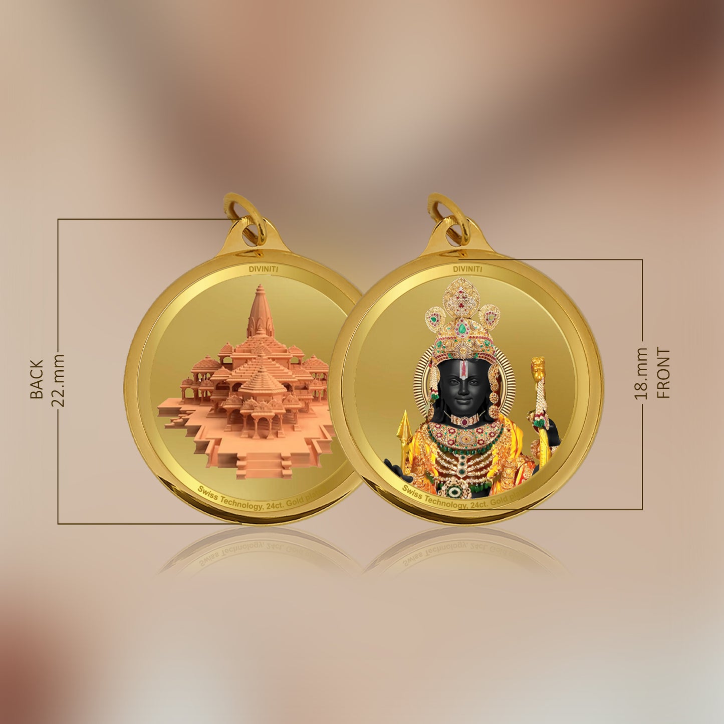 Diviniti 24K Gold Plated Lord Ram Lalla & Ram Mandir 18MM Double Sided Pendant For Men, Women & Kids