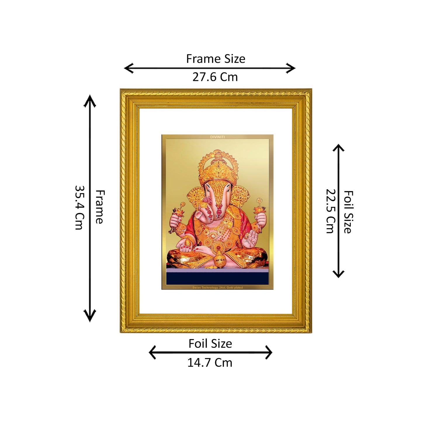 DIVINITI 24K Gold Plated Dagadu Ganesha Wall Photo Frame for Home Decor, Wall Hanging, Table Top, Puja Room & Gift DG056S3 (27.6X35.4 CM)