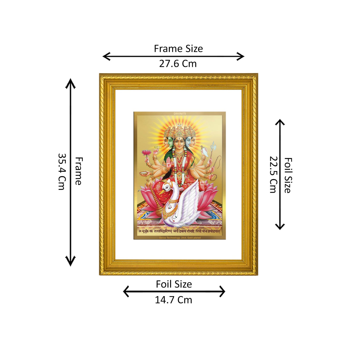 DIVINITI 24K Gold Plated Gayatri Mata Wall Photo Frame for Home Decor, Wall Hanging, Table Top, Puja Room & Gift DG056S3 (27.6X35.4 CM)