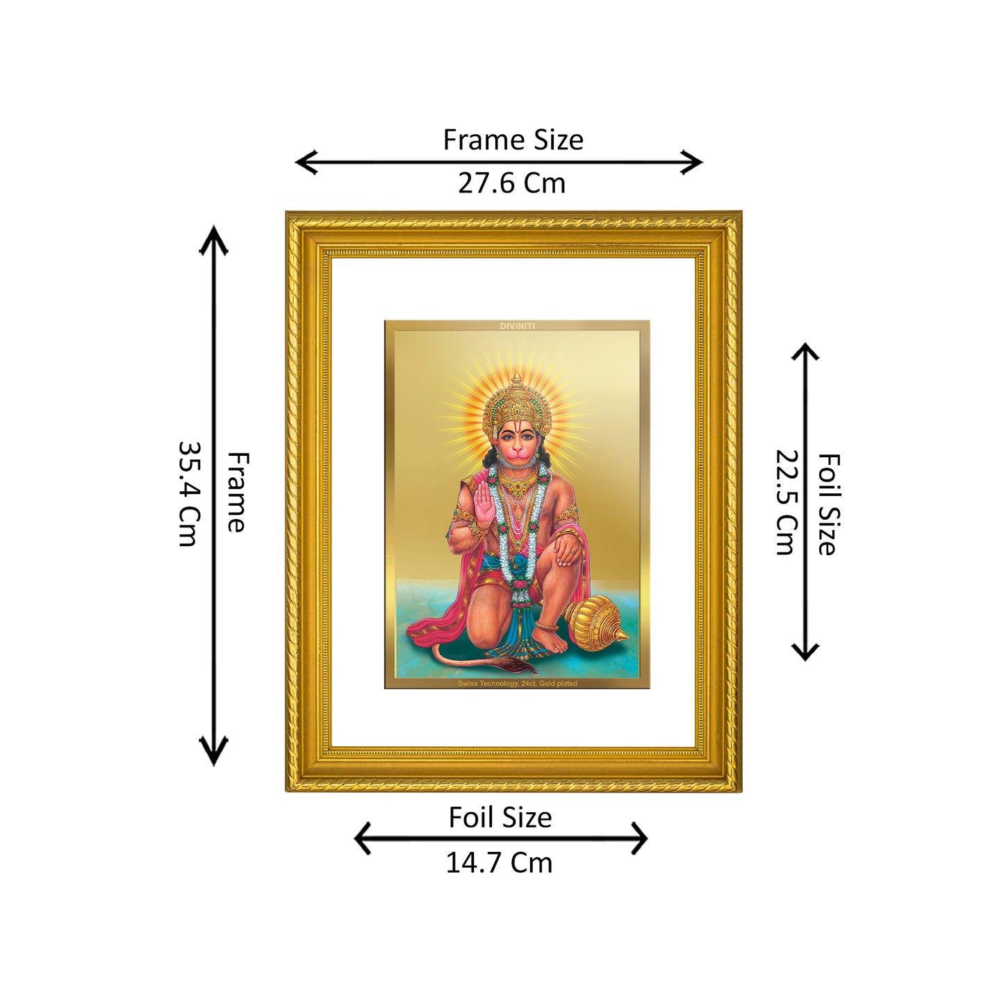 DIVINITI 24K Gold Plated God Hanuman Wall Photo Frame for Home Decor, Wall Hanging, Table Top, Puja Room & Gift DG056S3 (27.6X35.4 CM)