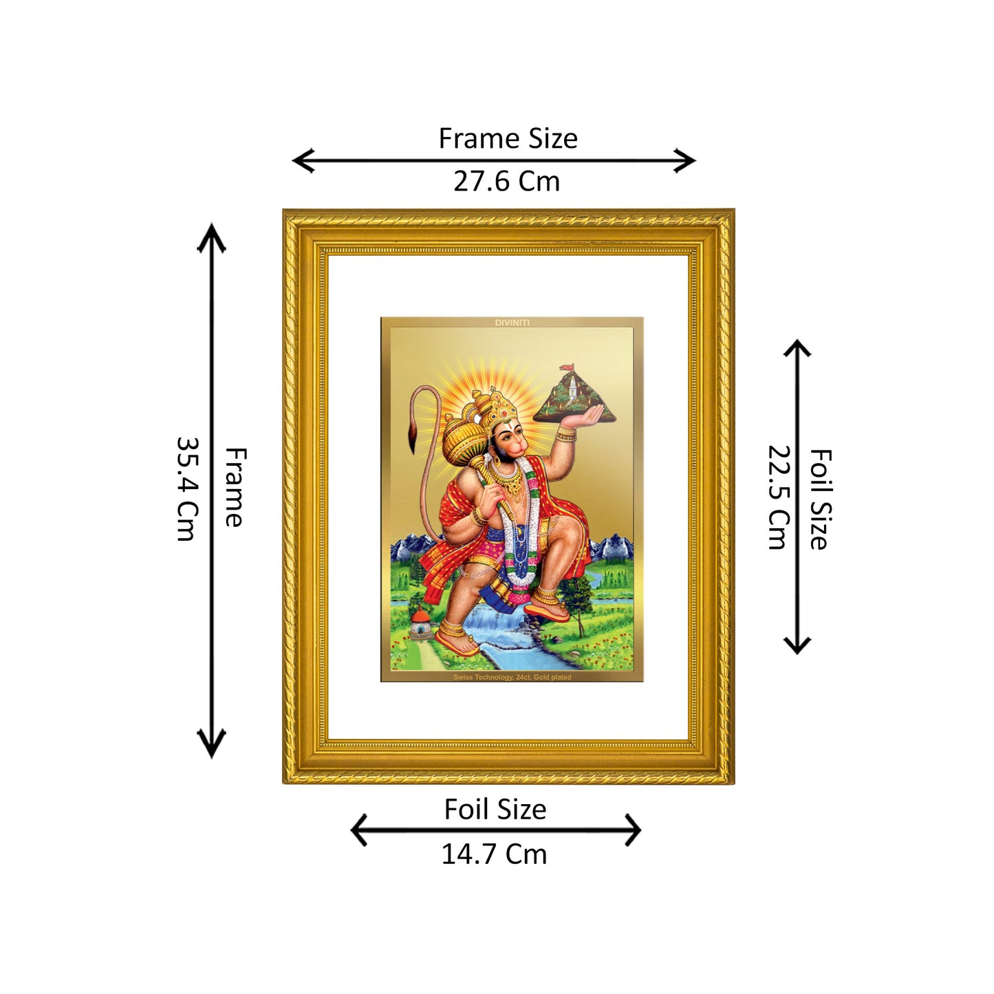 DIVINITI 24K Gold Plated Hanuman with Parvat Wall Photo Frame for Home Decor, Wall Hanging, Table Top, Puja Room & Gift DG056S3 (27.6X35.4 CM)