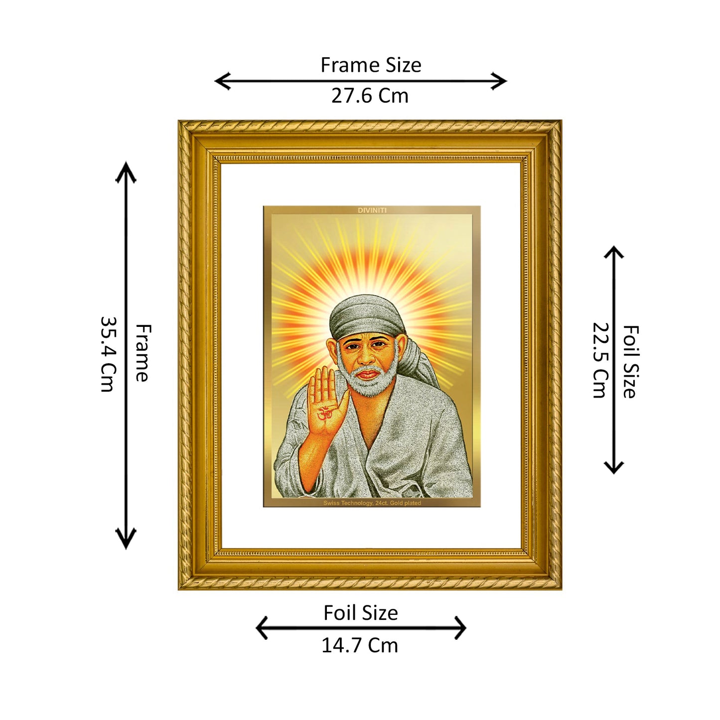 DIVINITI 24K Gold Plated Shirdi Sai Baba Wall Photo Frame for Home Decor, Wall Hanging, Table Top, Puja Room & Gift DG056S3 (27.6X35.4 CM)