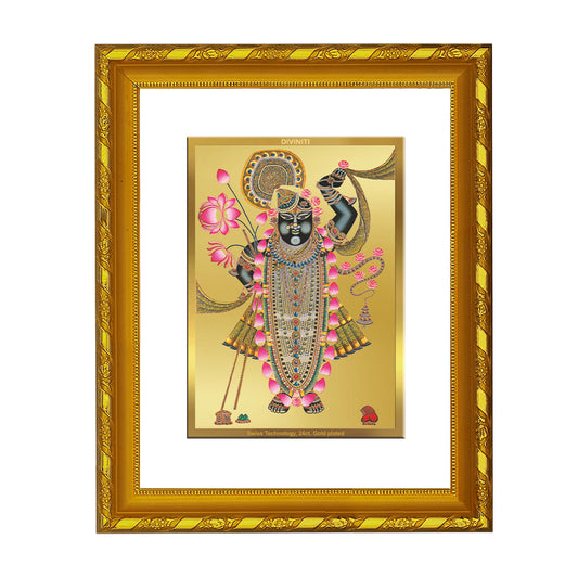 DIVINITI 24K Gold Plated Shrinathji Wooden Classic Photo Frame Idol for Home Decor, Puja Room, Table Top, Wall Hanging, Workshop, Luxurious Gift | DG103 Size 2 (22.6x18.4 CM)