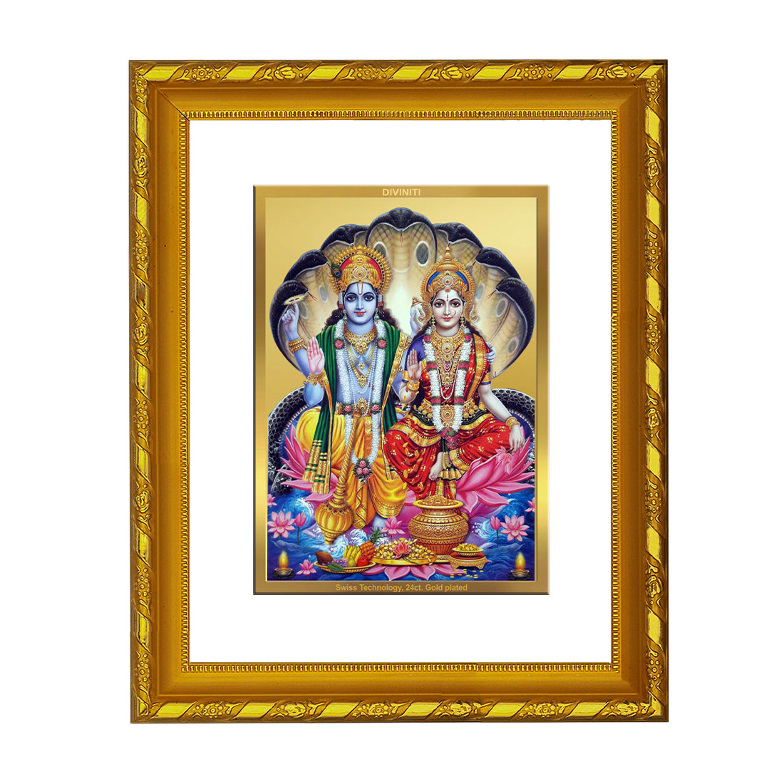 DIVINITI 24K Gold Plated Vishnu Laxmi Wooden Photo Frame Idol for Home Decor, Table Top, Wall Hanging, Workshop, Premium Gift | DG103 Size 2 (22.6x18.4 CM)